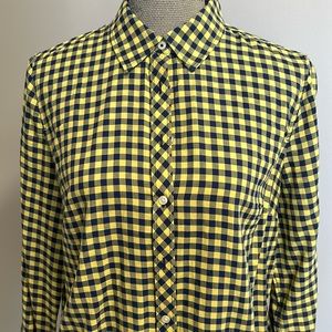 Talbots Navy/Yellow Plaid Long Sleeve Button Front 100% Cotton Shirt - Sz Medium